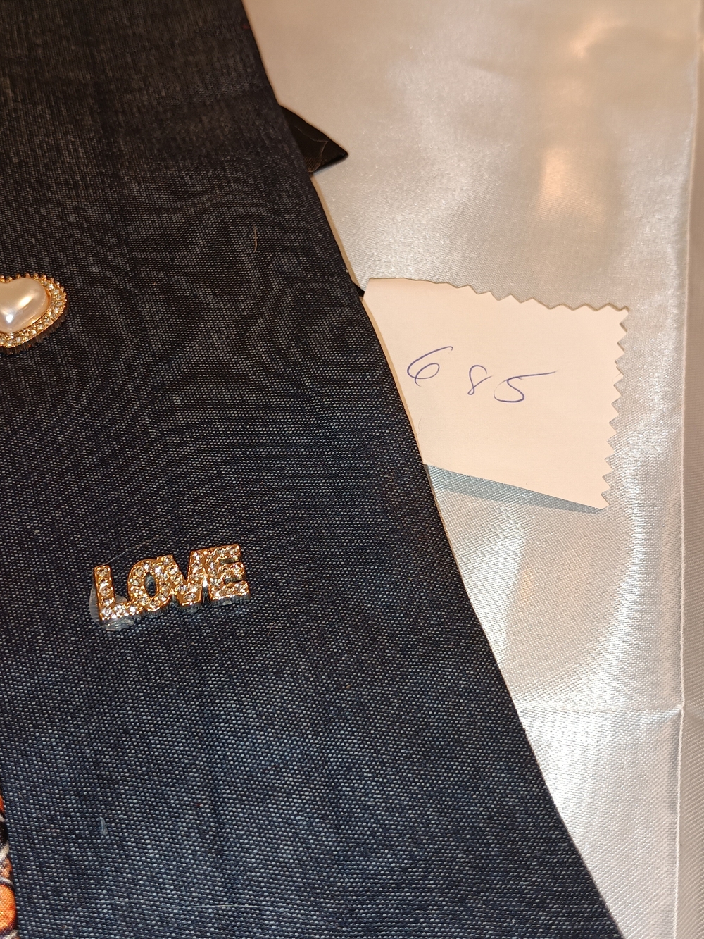 Denim Decorative Handbag 'LOVE' Pin on Black Fabric Bag